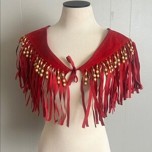Amazing genuine leather shawl or belt decoration with wooden beads and fringe